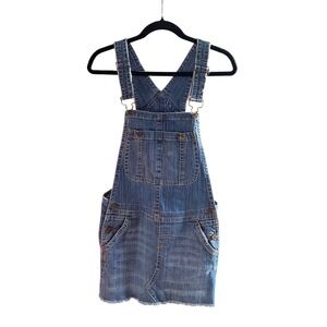 Industrial Cotton Denim Mini Dress Overalls Blue Frayed Hem‎ Medium Hippie Retro
